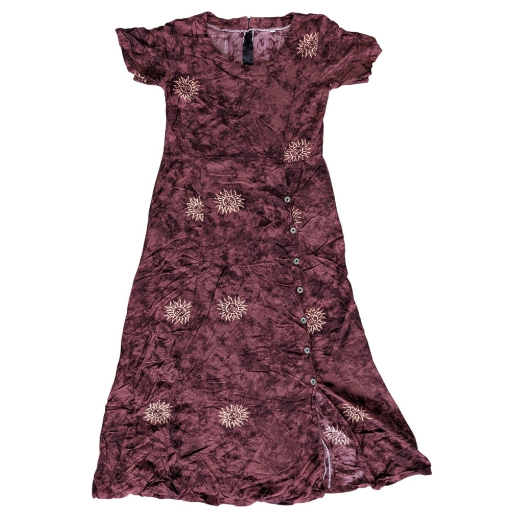 90s Vintage Small Burgundy Red Celestial Sun Print Short Sleeve Maxi Dress